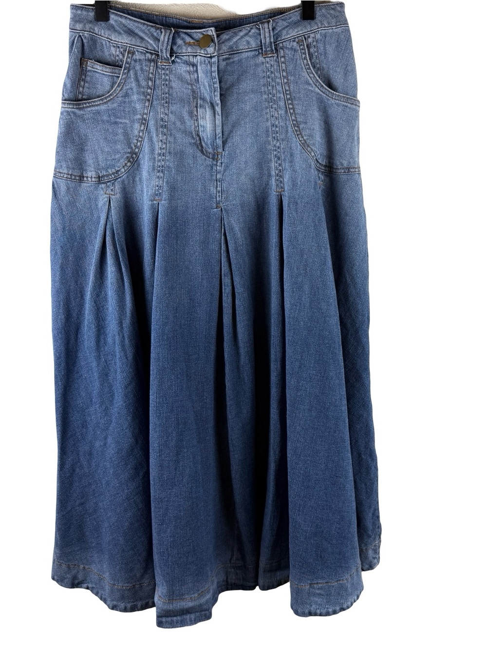 Soft Surroundings Pleated Stretch Denim Midi Skirt Boho Western Cottage Small - Picture 2 of 8